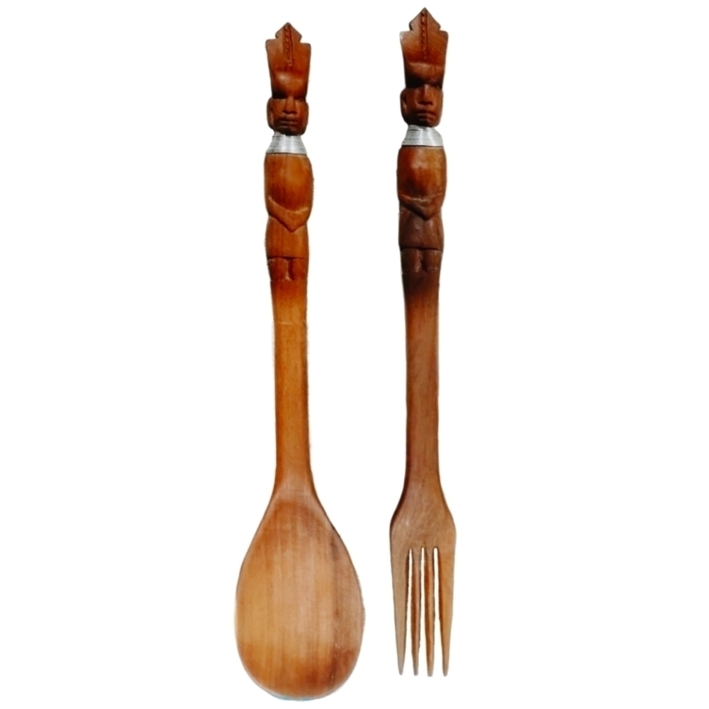 1960s African Tribal Carved Wood Salad Spoon and Fork